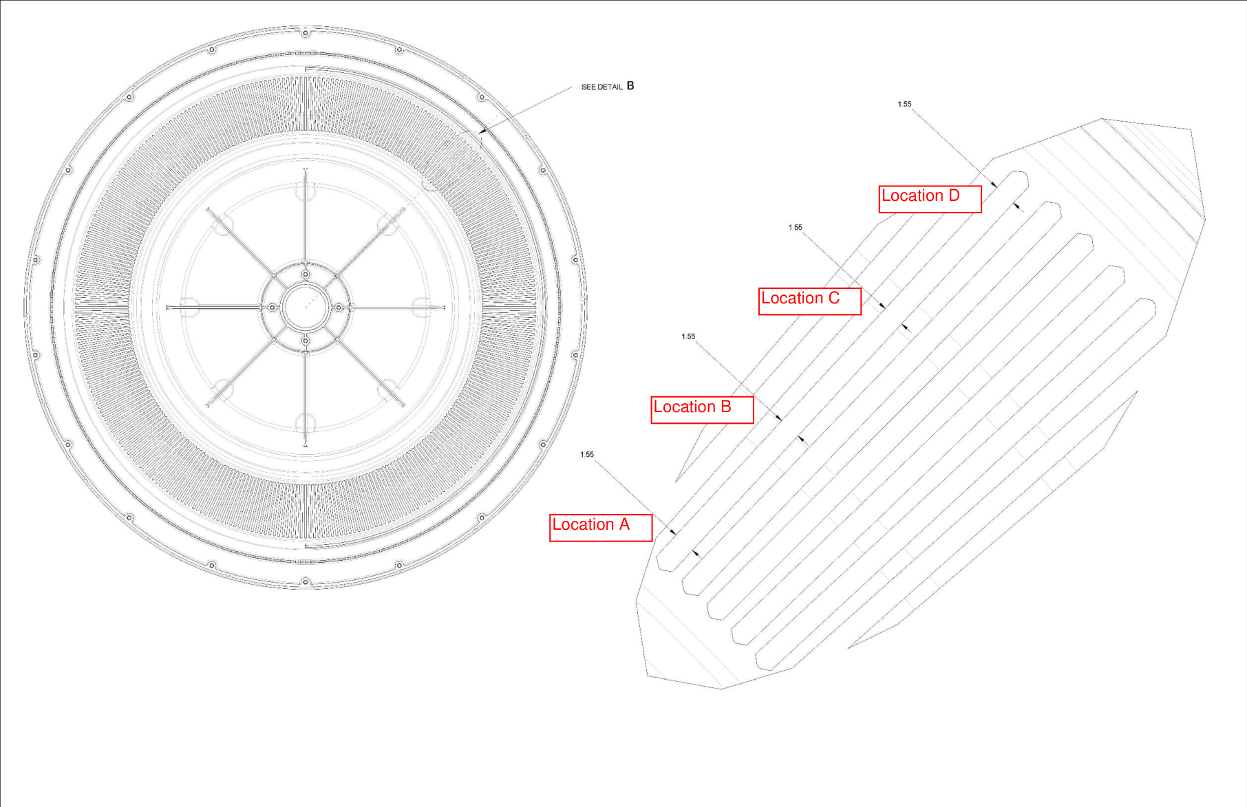 Carousel inspection drawing marking positions A, B, C and D along the length of a slot.