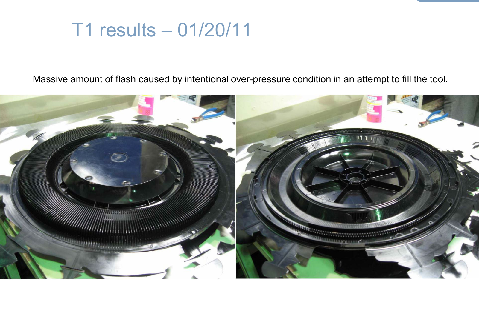 Two black first-trial carousel moldings with excess material around their edges.