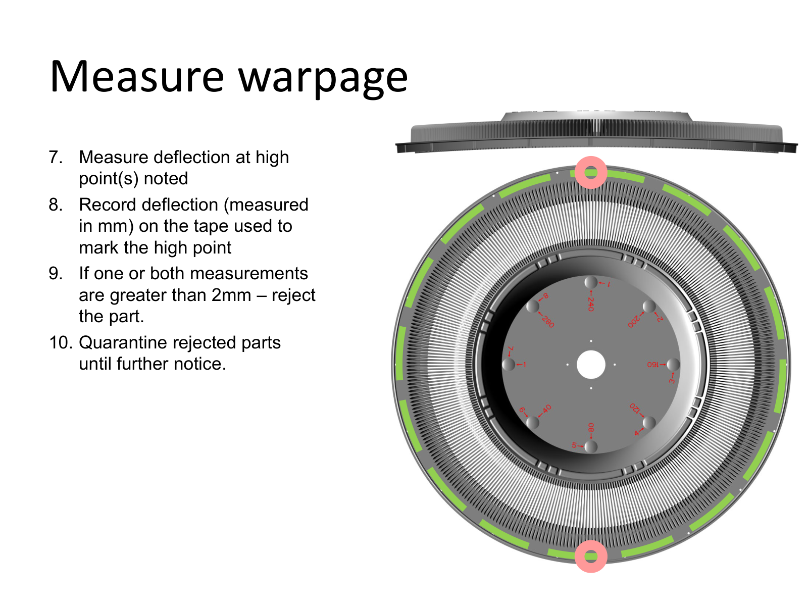 Carousel warpage inspection diagram with two marked high points and instructions to reject deflection greater than 2 mm.