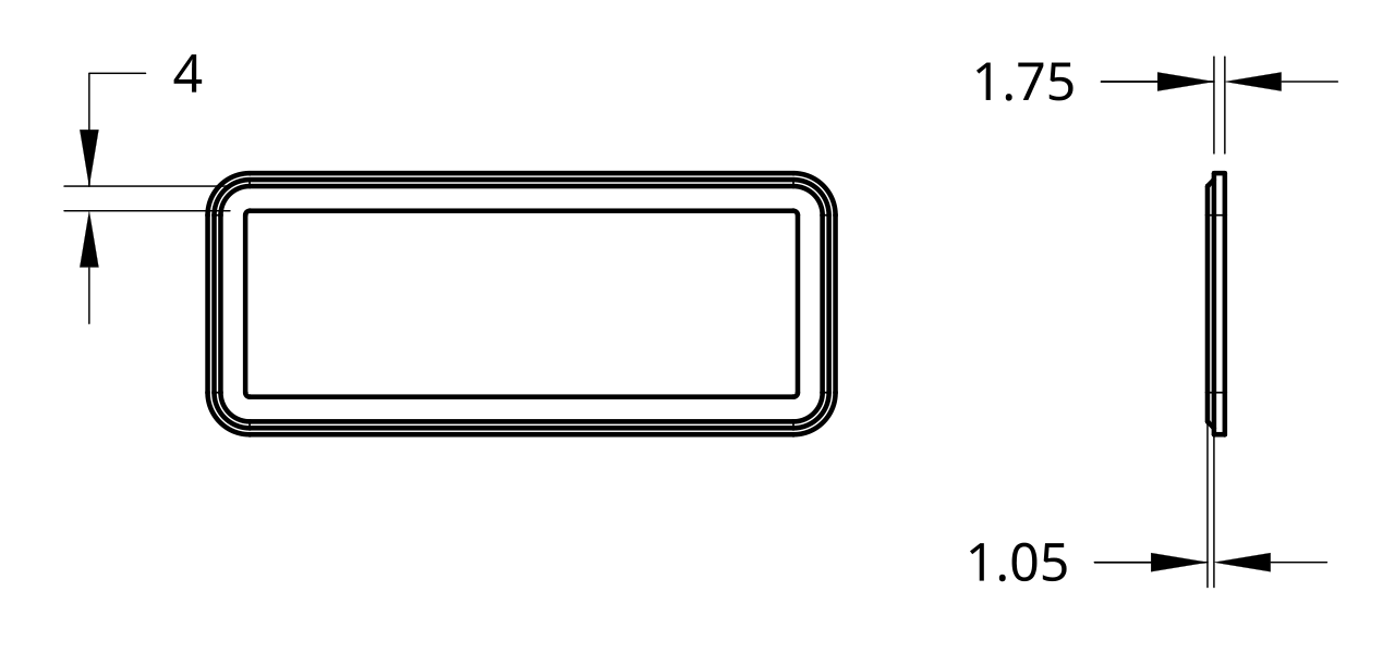 Dimensioned front and edge views of a rectangular light ring with rounded corners.