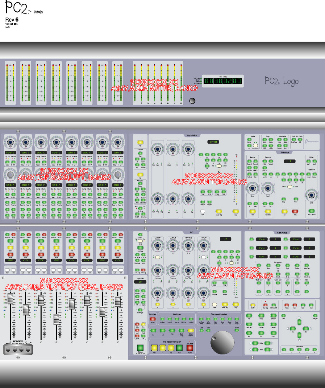 Early annotated main-unit layout with eight channel strips, processing controls and provisional assembly labels.