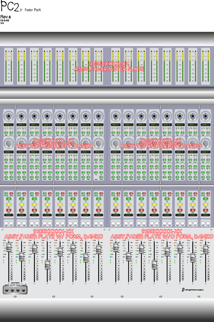 Early sixteen-fader expansion-module layout labelled PC2 Jr, with provisional Danko meter, knob and fader-panel assemblies.