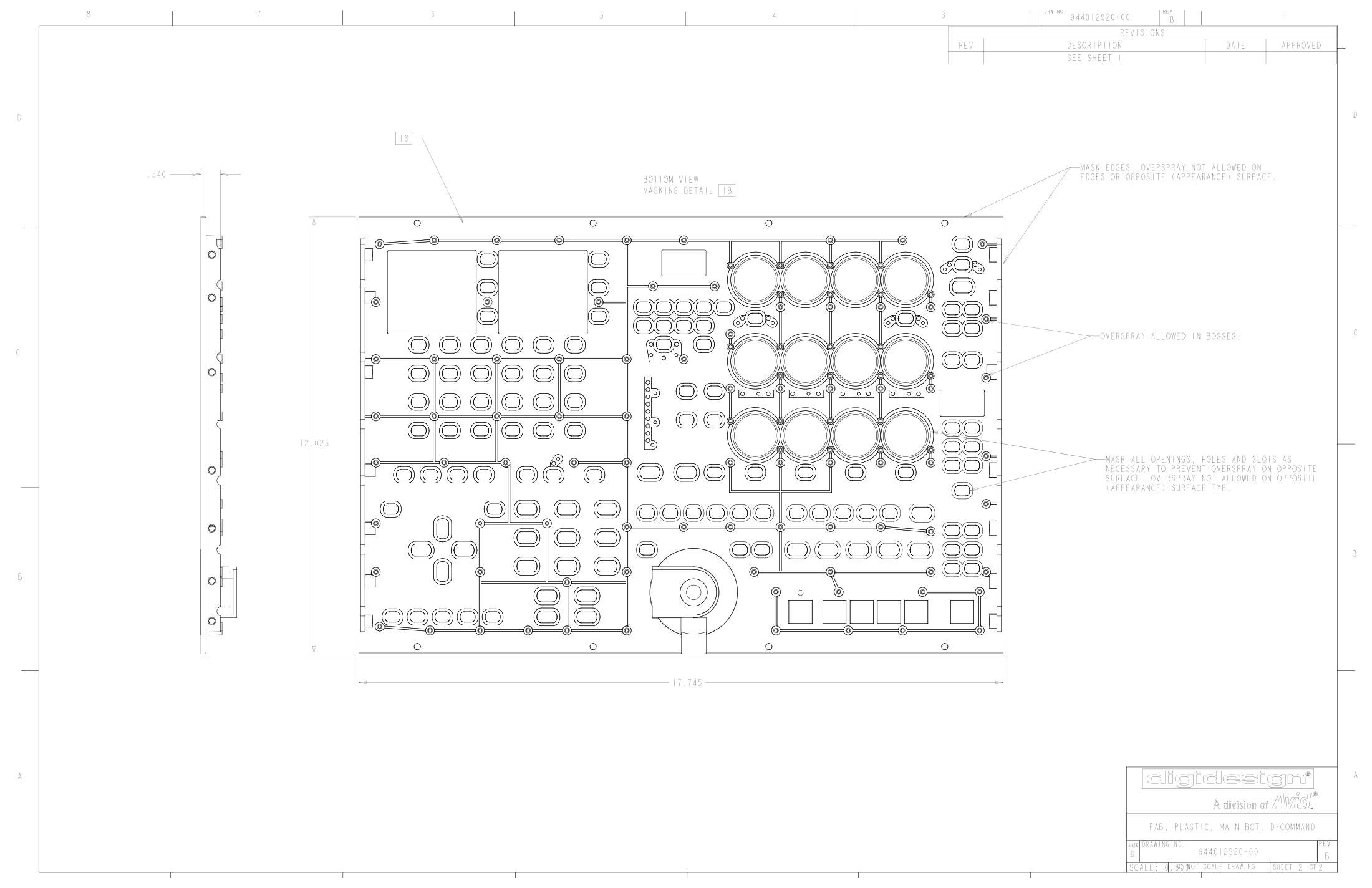 Historical drawing of the control-panel underside with openings, bosses and coating-mask callouts.