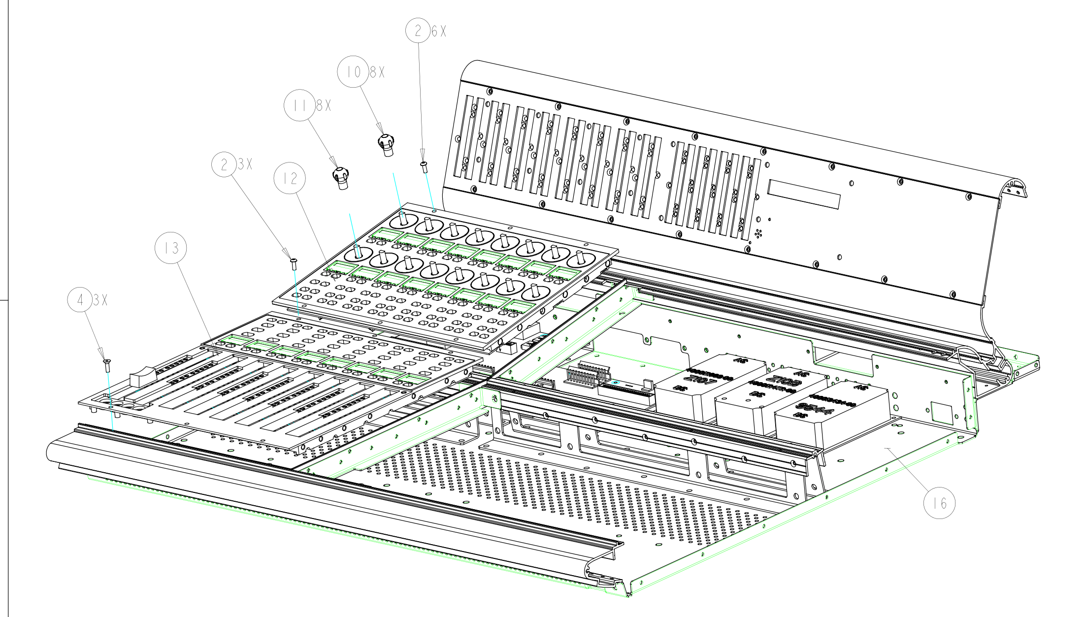 Main-unit assembly drawing with channel-strip controls lifted above the pan and rails, and power supplies visible on the right.