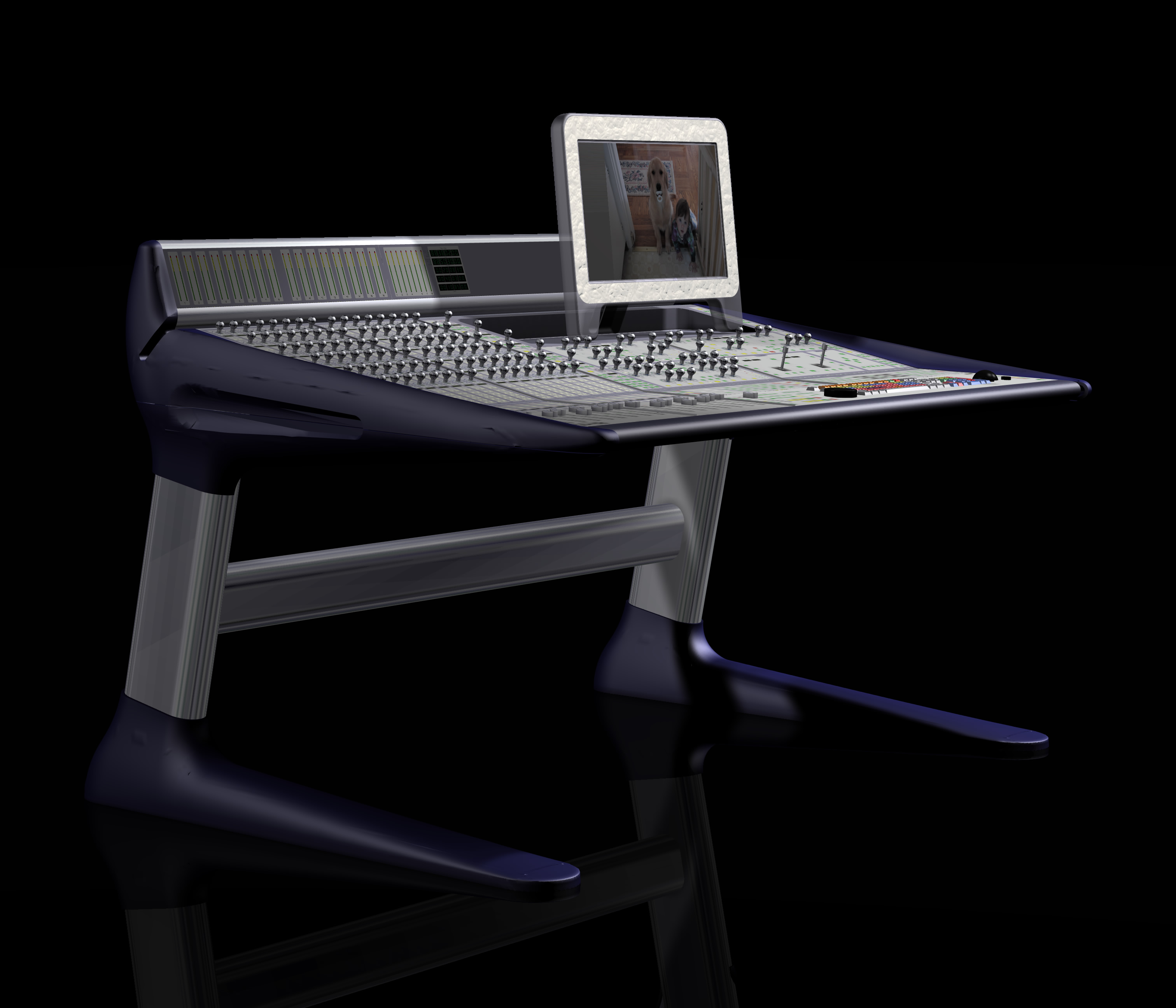 Early oblique rendering of D-Control and its stand.