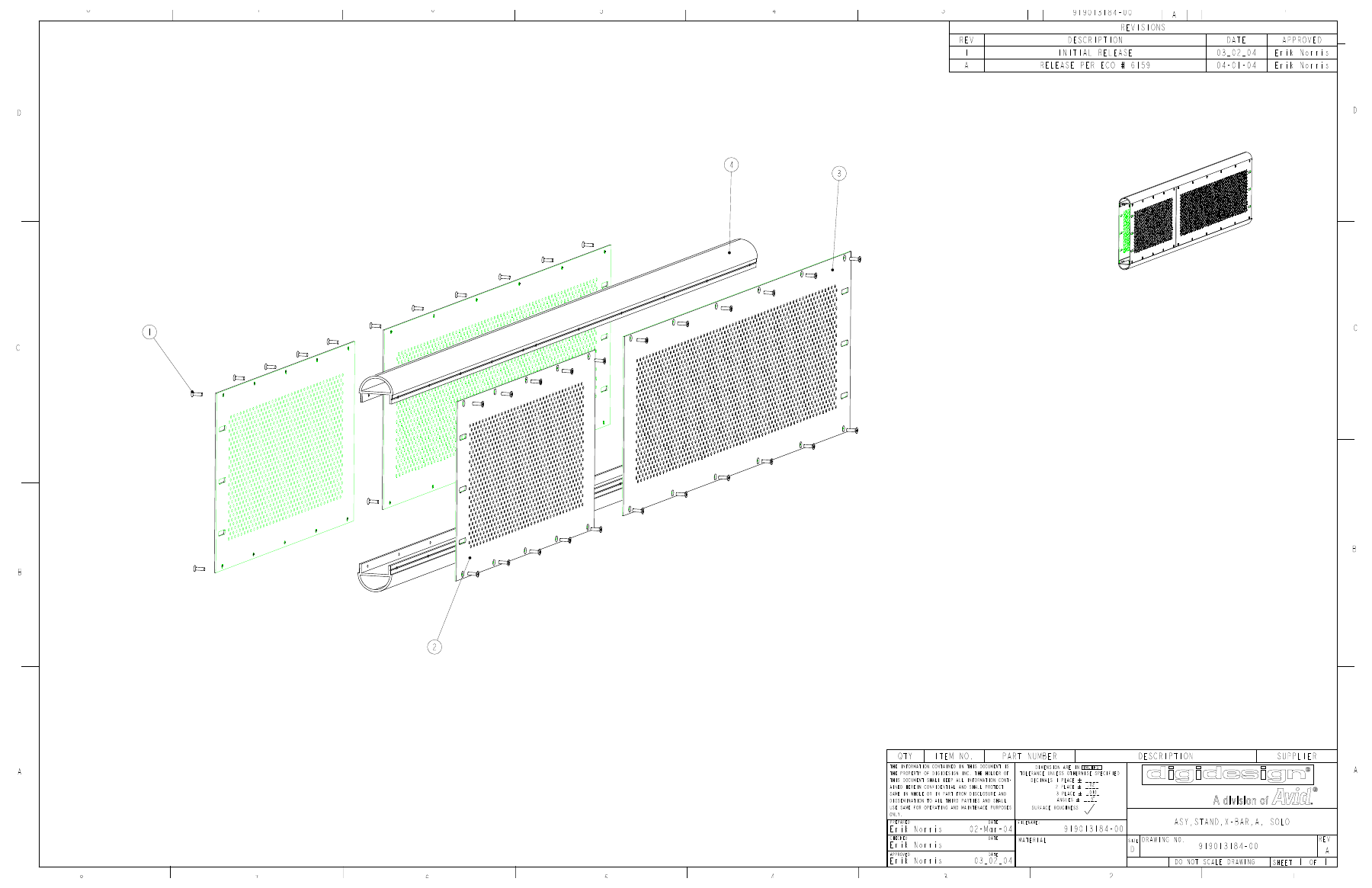 Exploded A crossbar assembly showing four perforated panels, two extrusions and their fasteners.