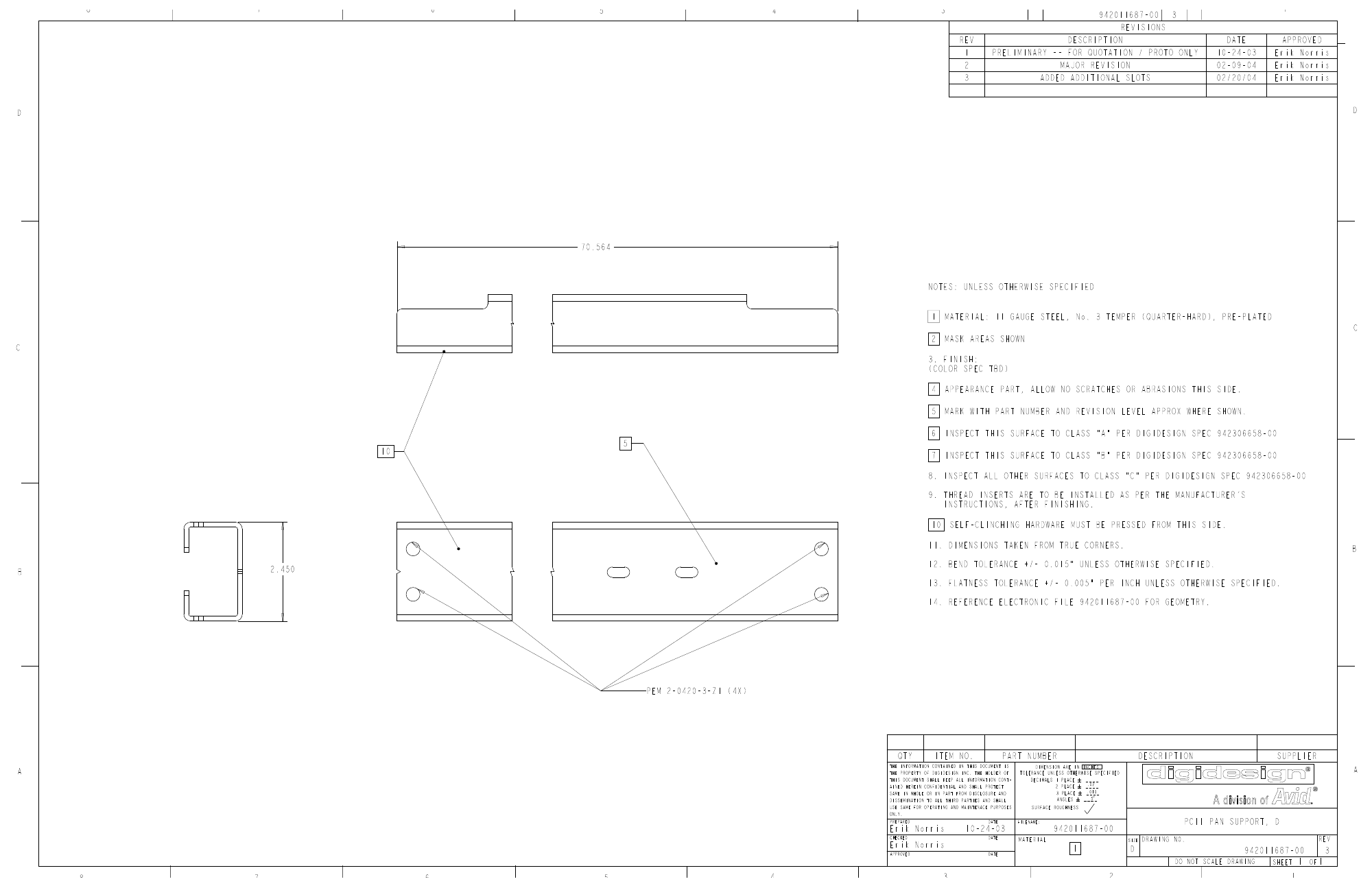 Full drawing sheet for D front pan support 942011687-00 Rev 3, with two visible slots and the revision table.