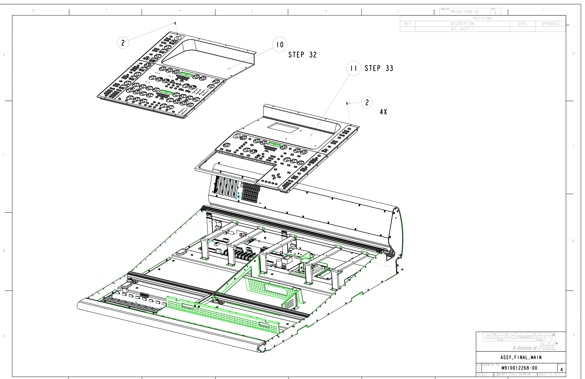Main-unit assembly drawing with upper control panels lifted above the pan, rails and internal supports.