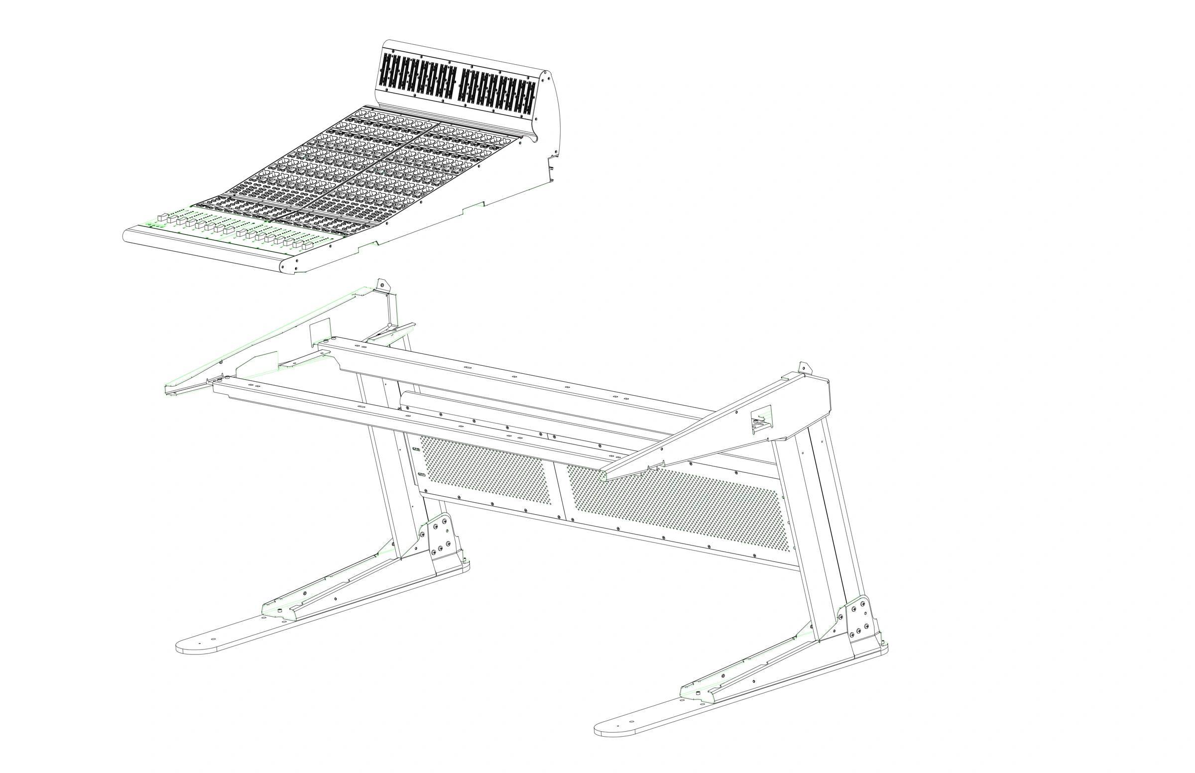 Exploded drawing of a D-Control fader module above the stand rails, crossbar, legs and foot plates.