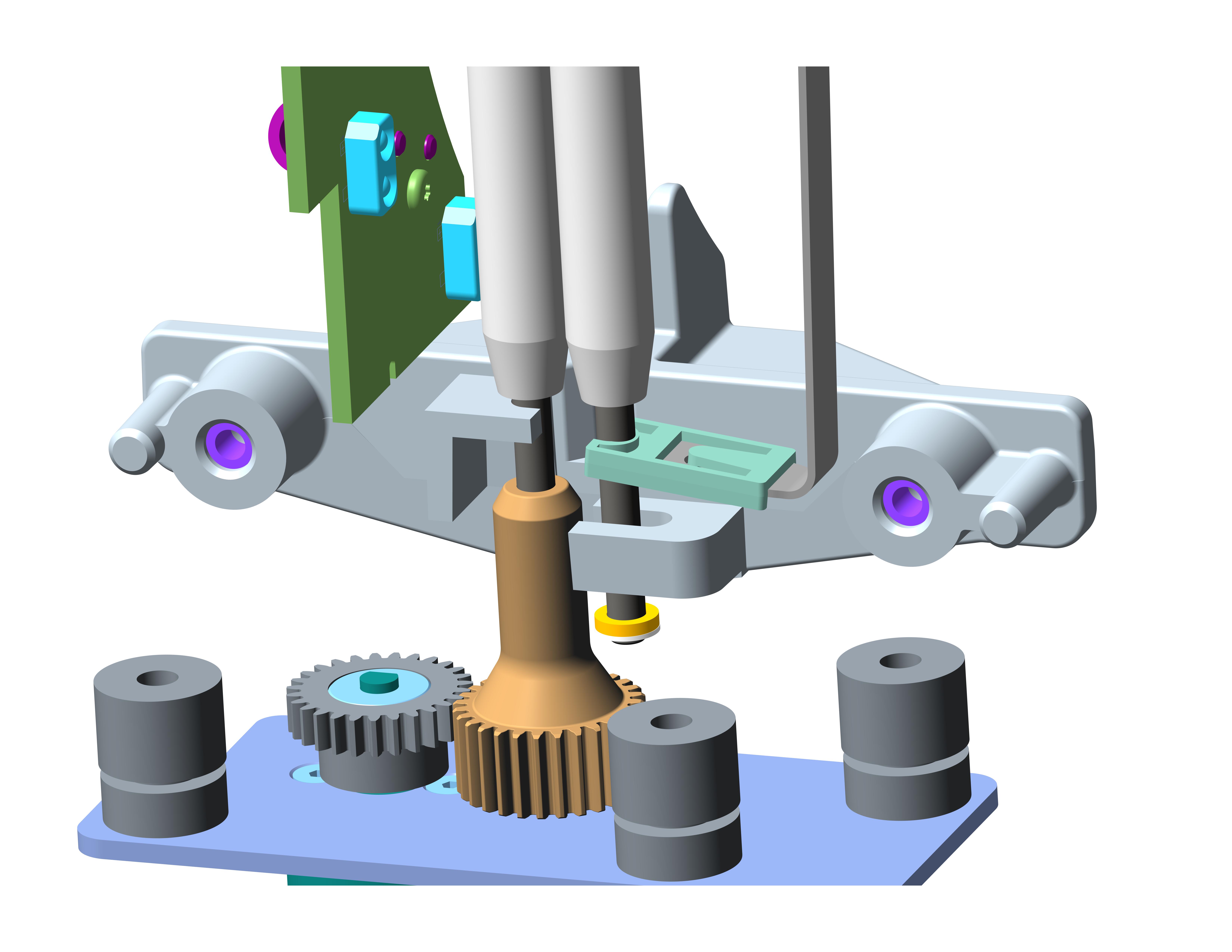 Archived CAD view of roller shafts, motor gears, bearing support and inner disc guide.