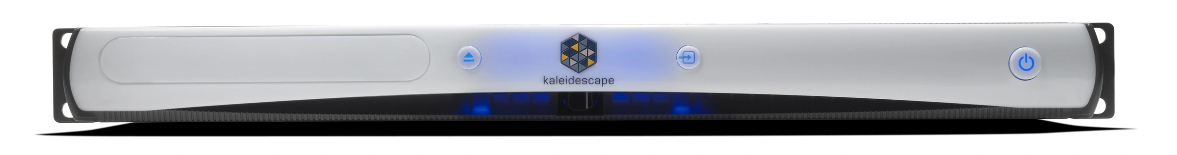 Straight-on view of the white KPLAYER-6000 front panel, with the closed disc door at left and blue-lit controls.