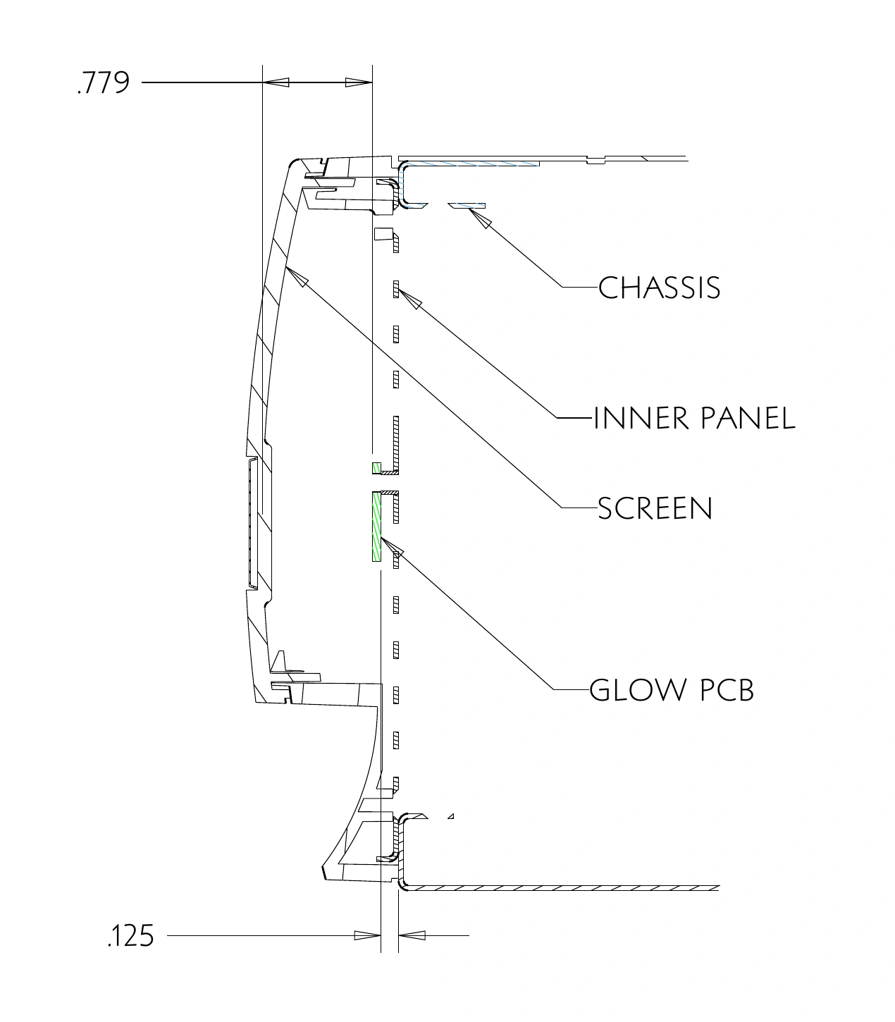 Section drawing of the front panel with screen, glow PCB, inner panel and chassis labeled.