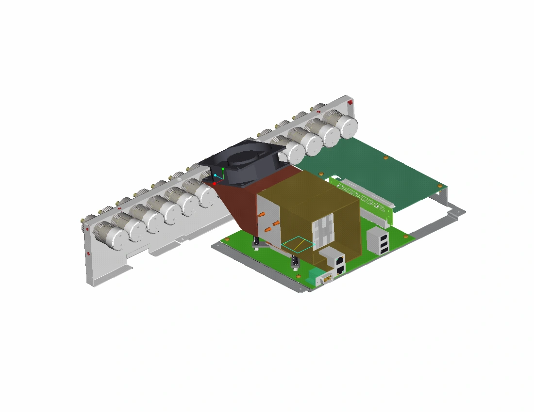 Archived CAD view of motherboard components and two groups of cooling fans.