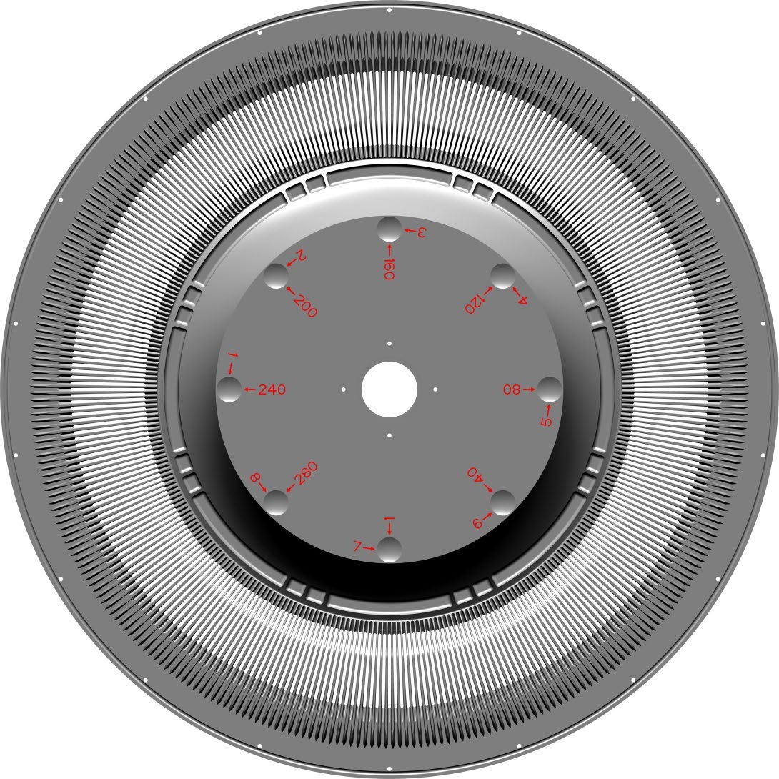 Top view of carousel reference geometry with numbered gates and disc-slot positions.