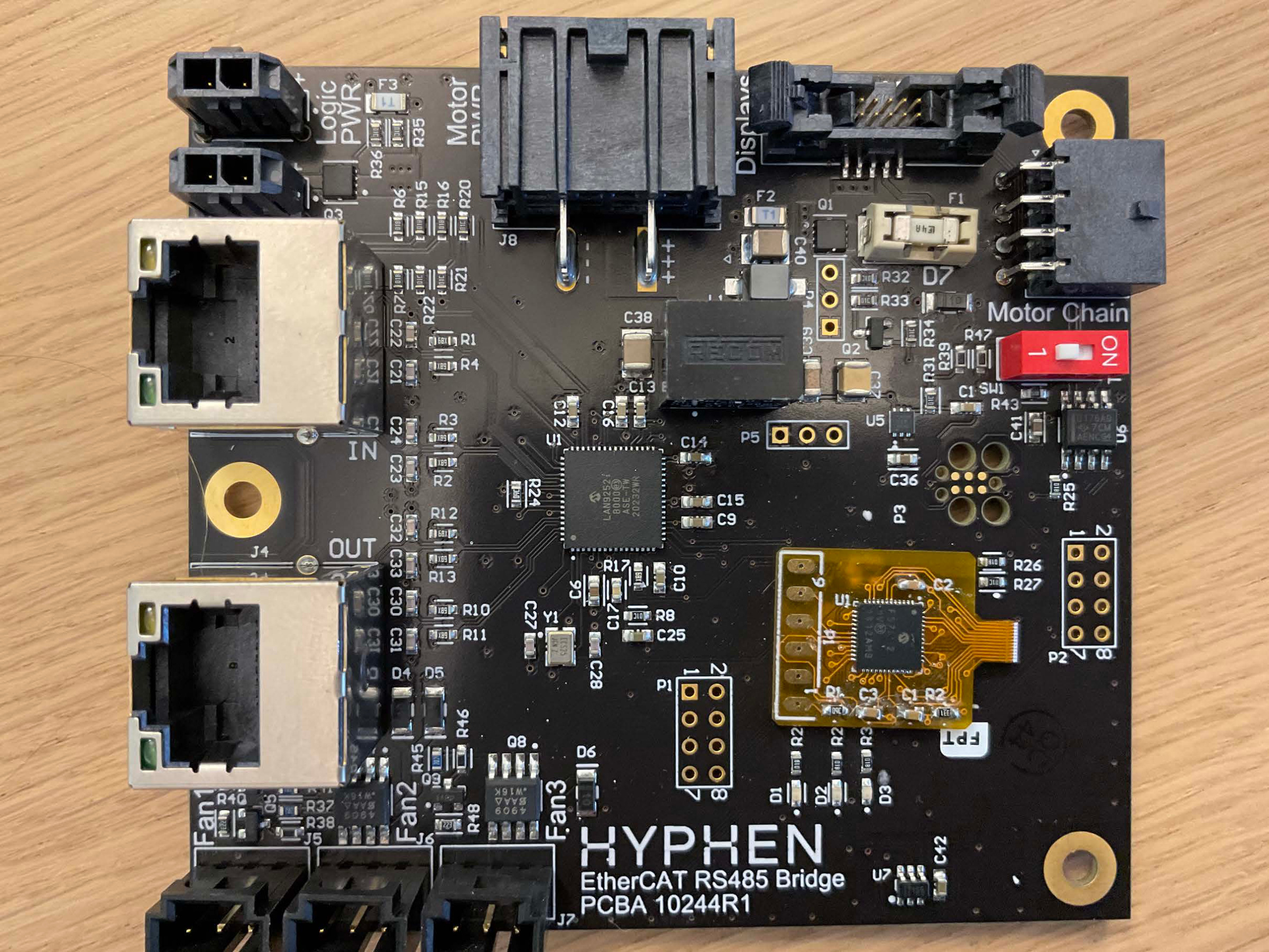Photograph of a populated circuit board labeled HYPHEN EtherCAT RS485 Bridge PCBA 10244R1.