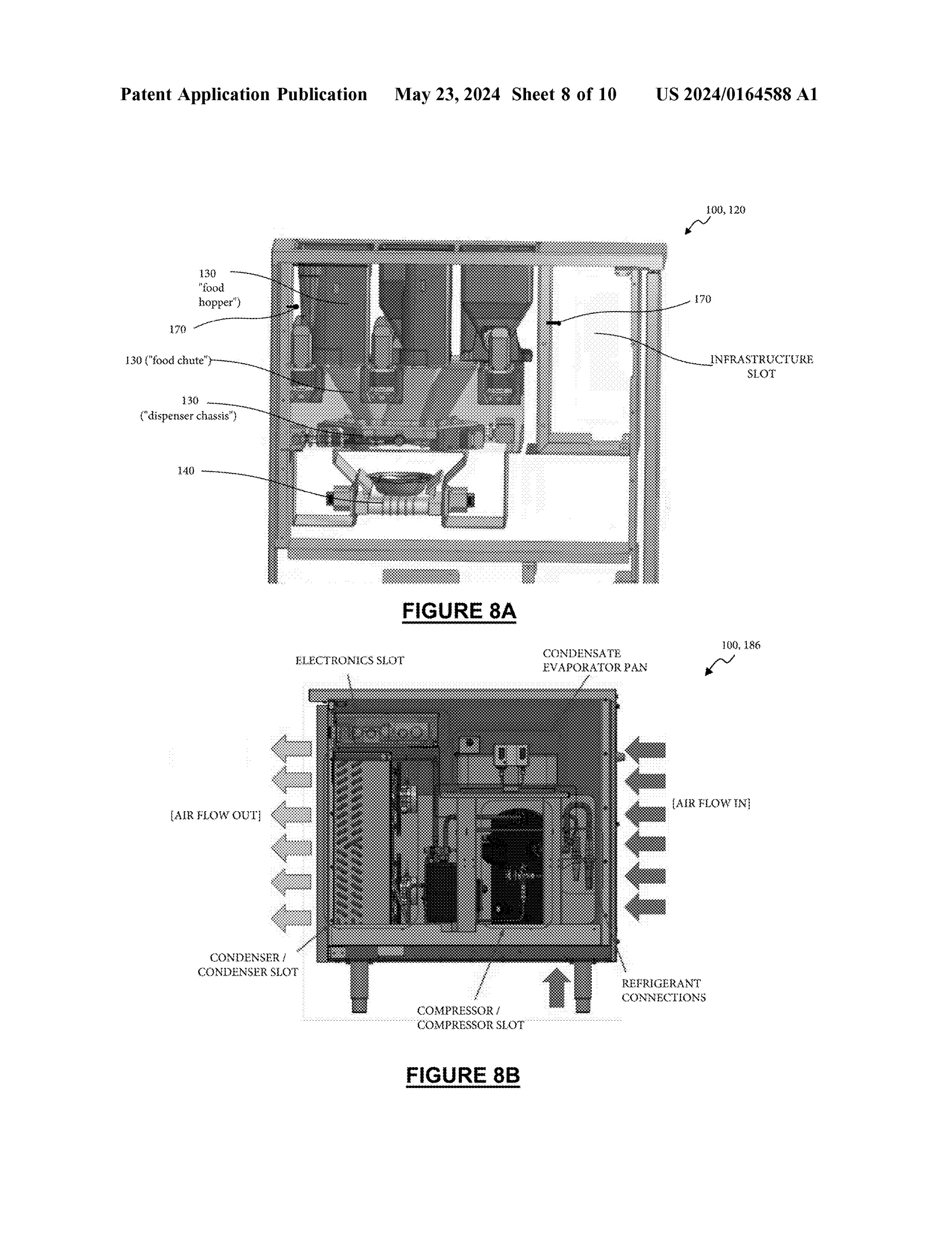 Patent figure 8A shows food modules and the bowl positioner in section; figure 8B shows the refrigeration module, electronics and airflow.