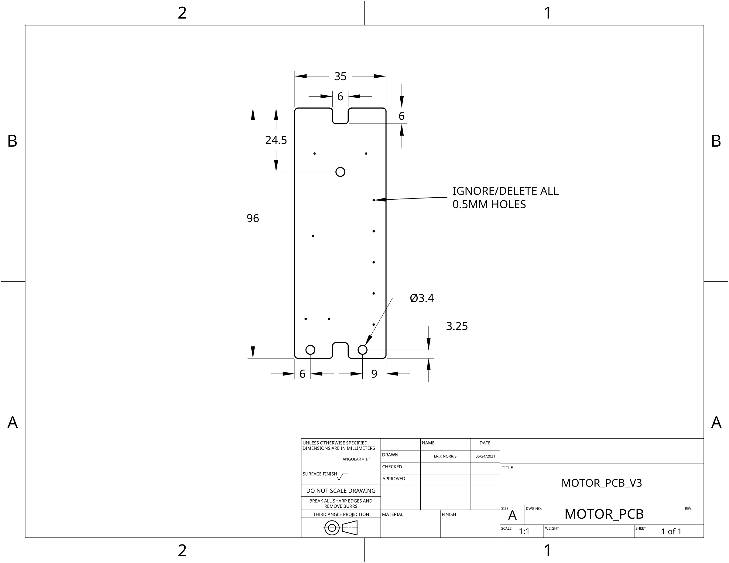 Dimensioned motor-PCB outline drawing with mounting holes, an instruction concerning 0.5 mm holes and Erik Norris in the title block.