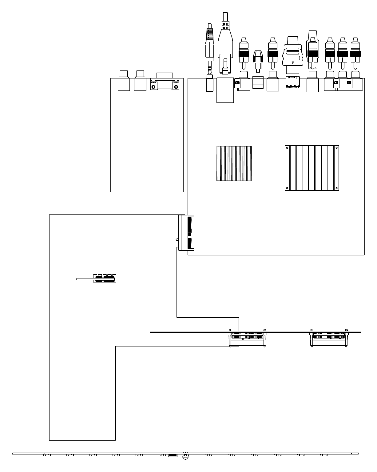 Top and edge views of the proposed Morpheus boards, rear connectors and inter-board connections.