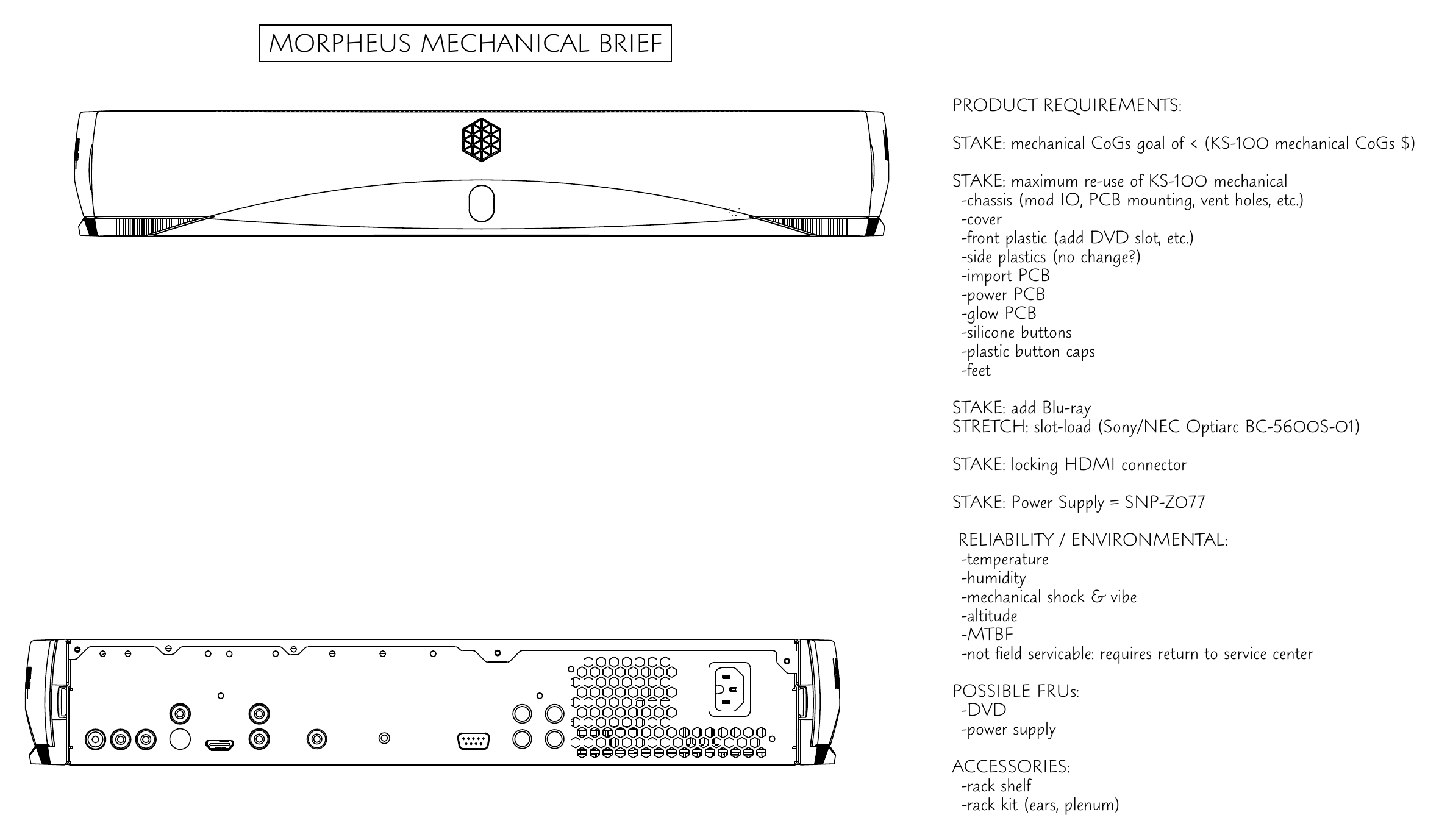 Front and rear views beside the Morpheus mechanical requirements, with baseline requirements and a slot-loading optical drive marked as a stretch.
