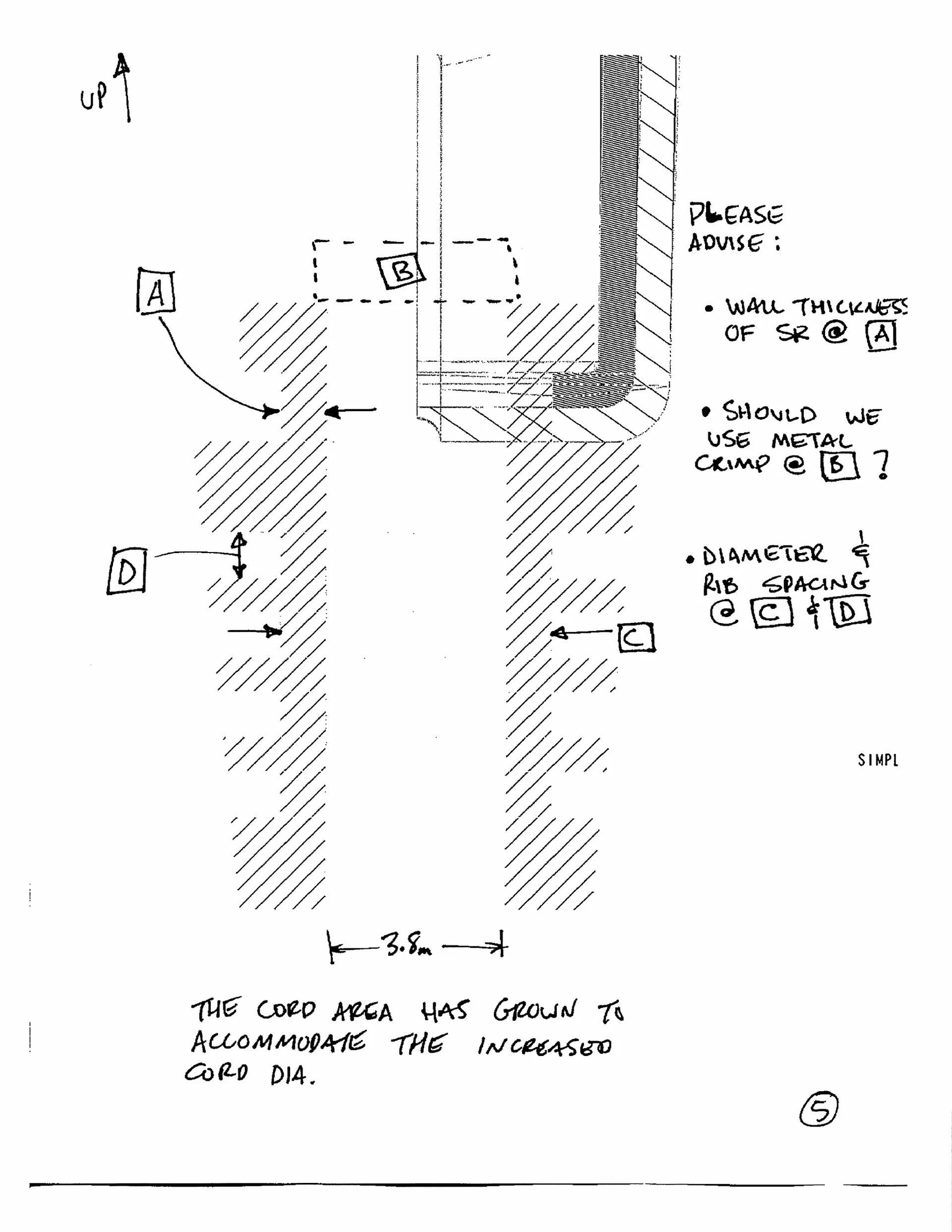 Cord-section review from October 30, 2000, with a note that the cord area had grown and questions about wall thickness, crimp use and rib geometry.