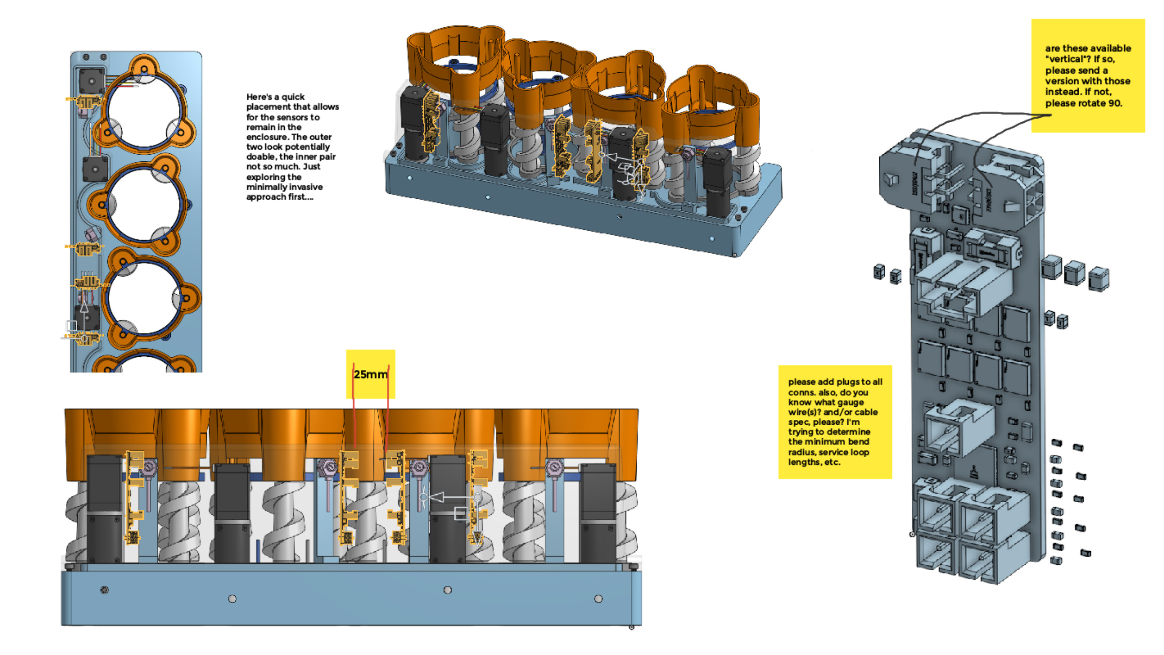 Annotated CAD sheet explores board placement on a four-channel row and asks about connector orientation, wire specification and service-loop space.
