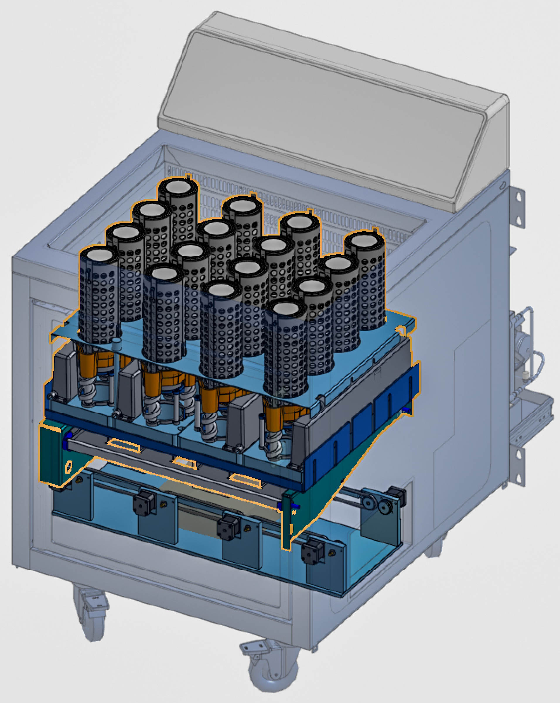 Transparent cabinet CAD view containing four rows of four cup sleeves above a separate lower transfer region.
