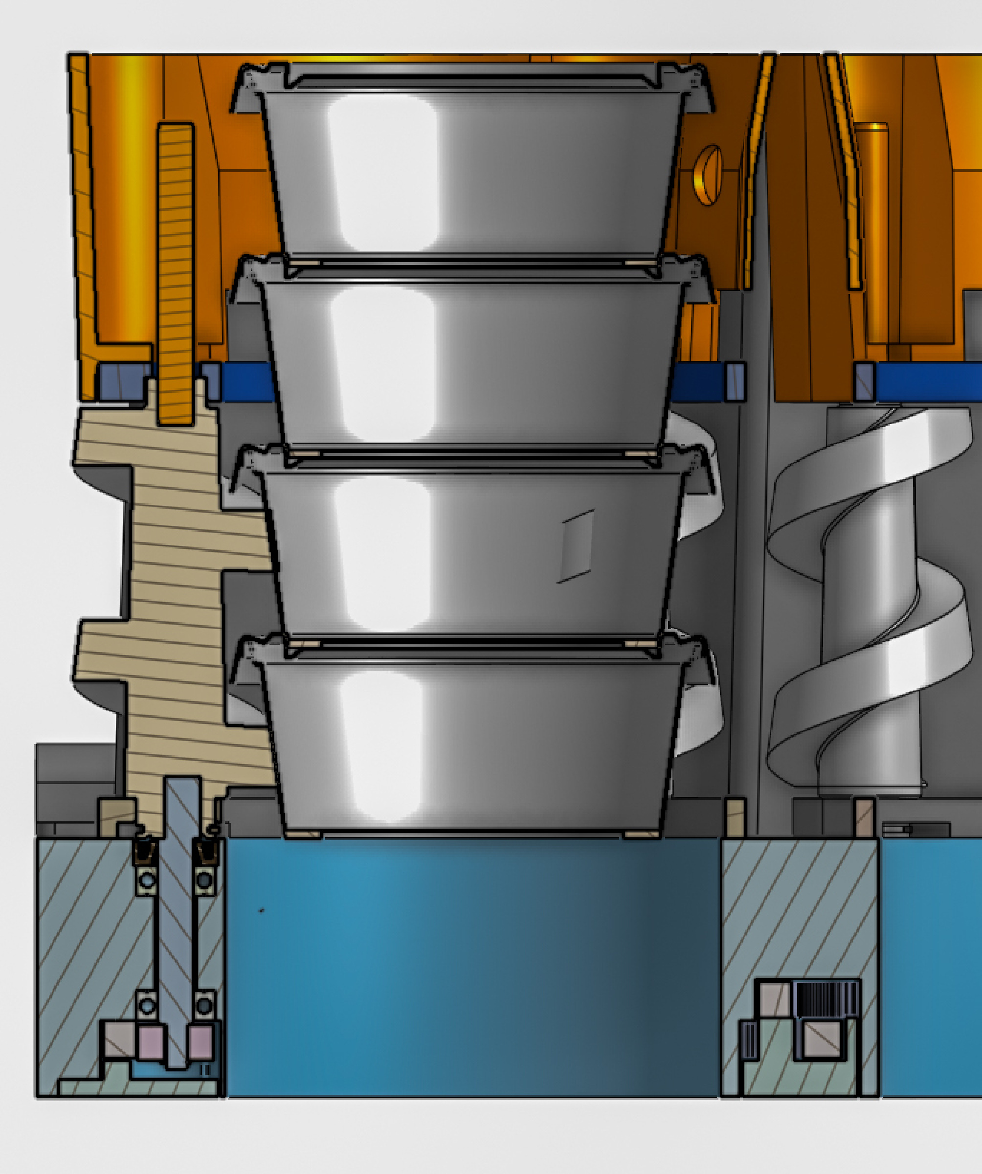 Section view of nested cup rims supported beside helical separators above the drive enclosure.