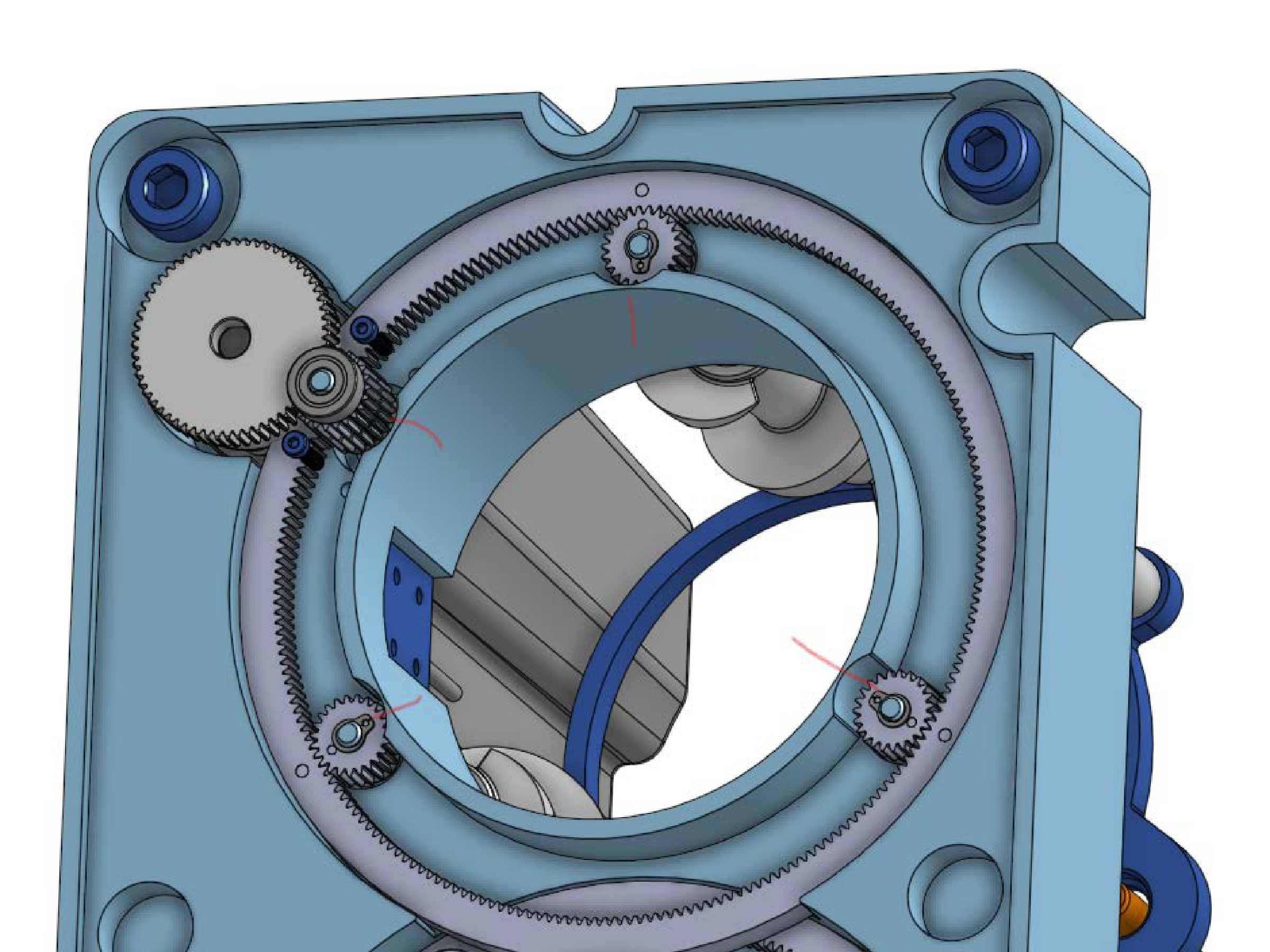 CAD cutaway showing an internal ring gear, motor-side gearing and three pinion locations around the cup opening.