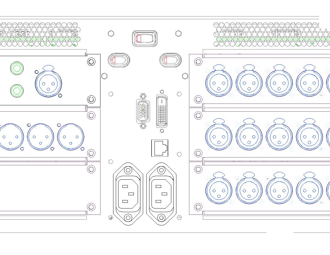 Rear-interface line view with two power-inlet outlines side by side below computer connectors, between audio-connector banks.