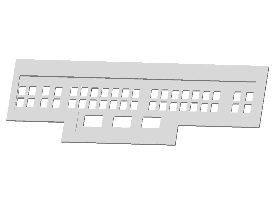 Wire-guide render with two rows of rectangular openings and three larger openings in a lower central tab.