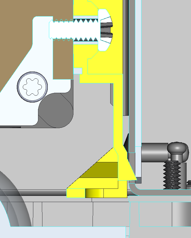 Front retention section showing the latch feature, adjacent sheet metal and fasteners. Original image from the January 15 tolerance workbook by T. DeArk, checked by C. Davis; the colors do not identify final materials or a released revision.